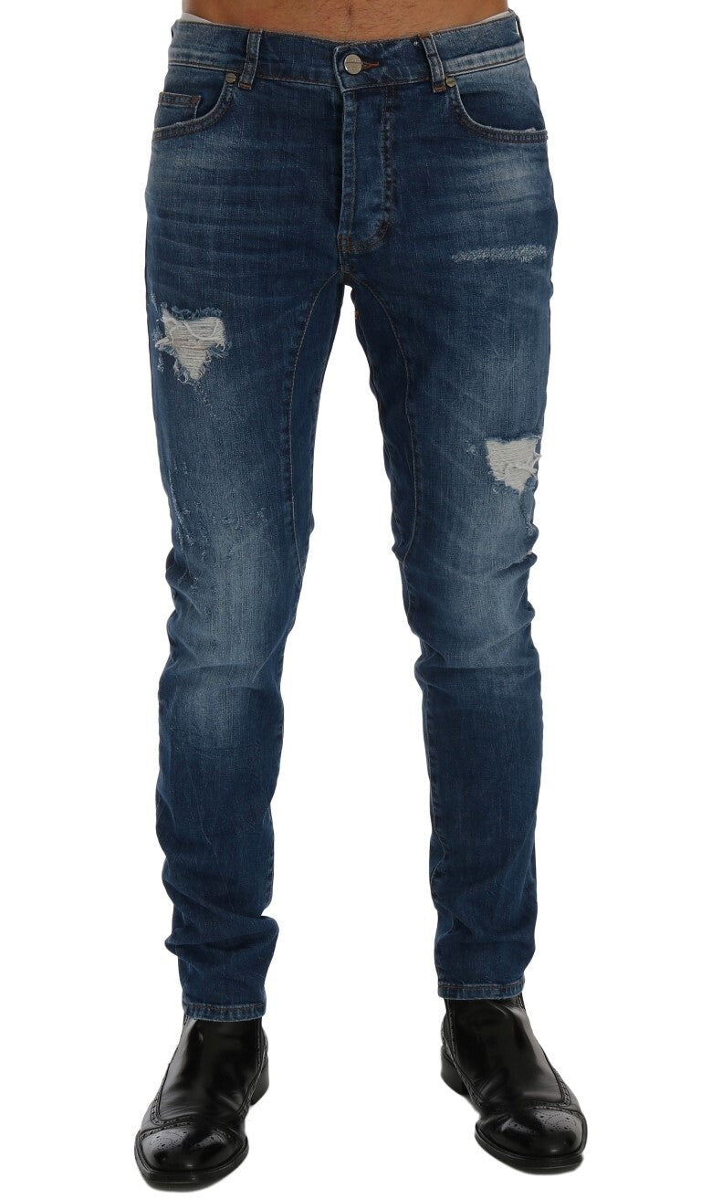 FRANKIE MORELLO  Blue Wash Torn Dundee Slim Fit Jeans