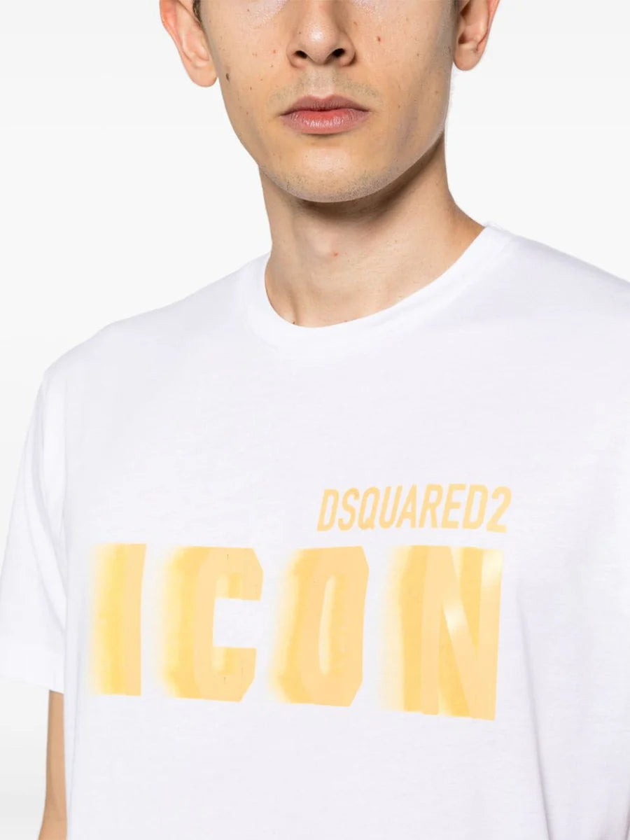 Dsquared2 Icon Blur Cool Yellow Logo Cotton T-Shirt In White