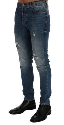 FRANKIE MORELLO Blue Wash Torn Dunfermile Slim Fit Jeans