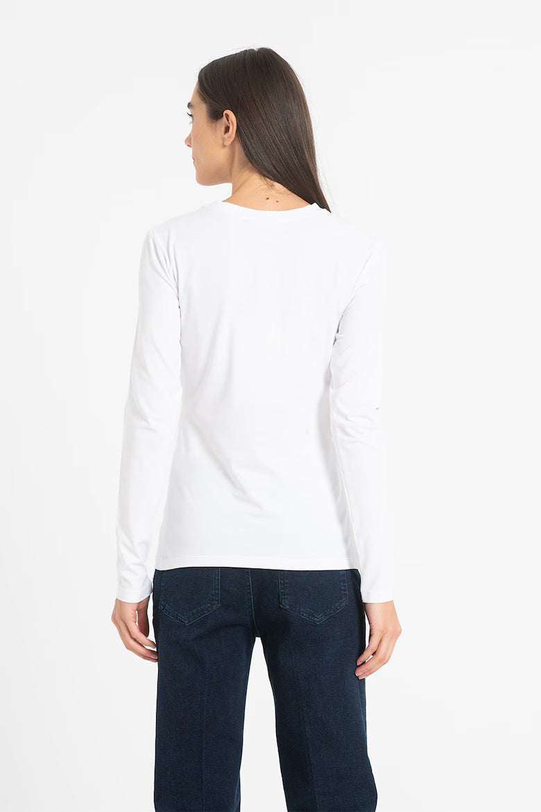 White Stretch Cotton Long Sleeve Round Neck
